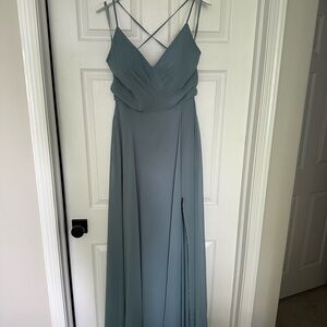 Mori Lee Blue Slit Maxi Dress with Spaghetti Straps